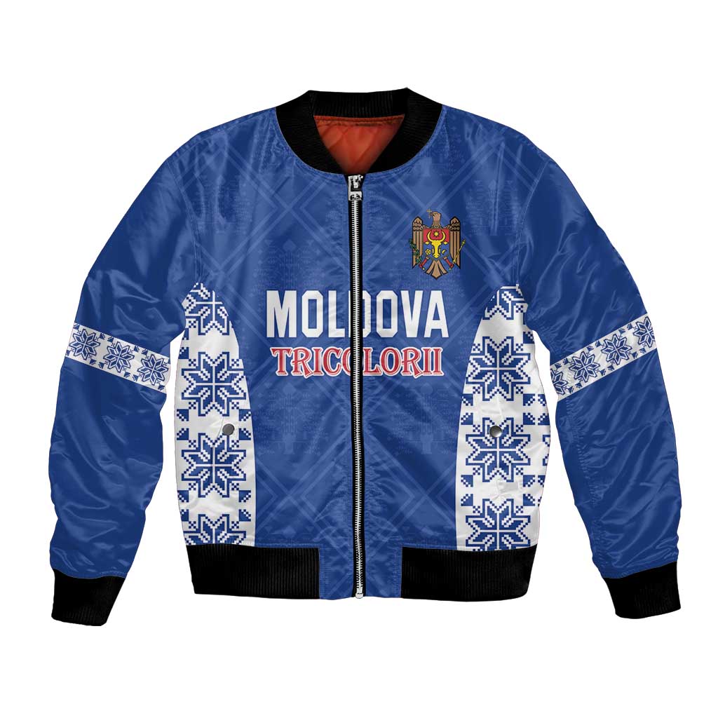 Blue football bomber jacket with Moldova Tricolorii text, crest and white folk trim