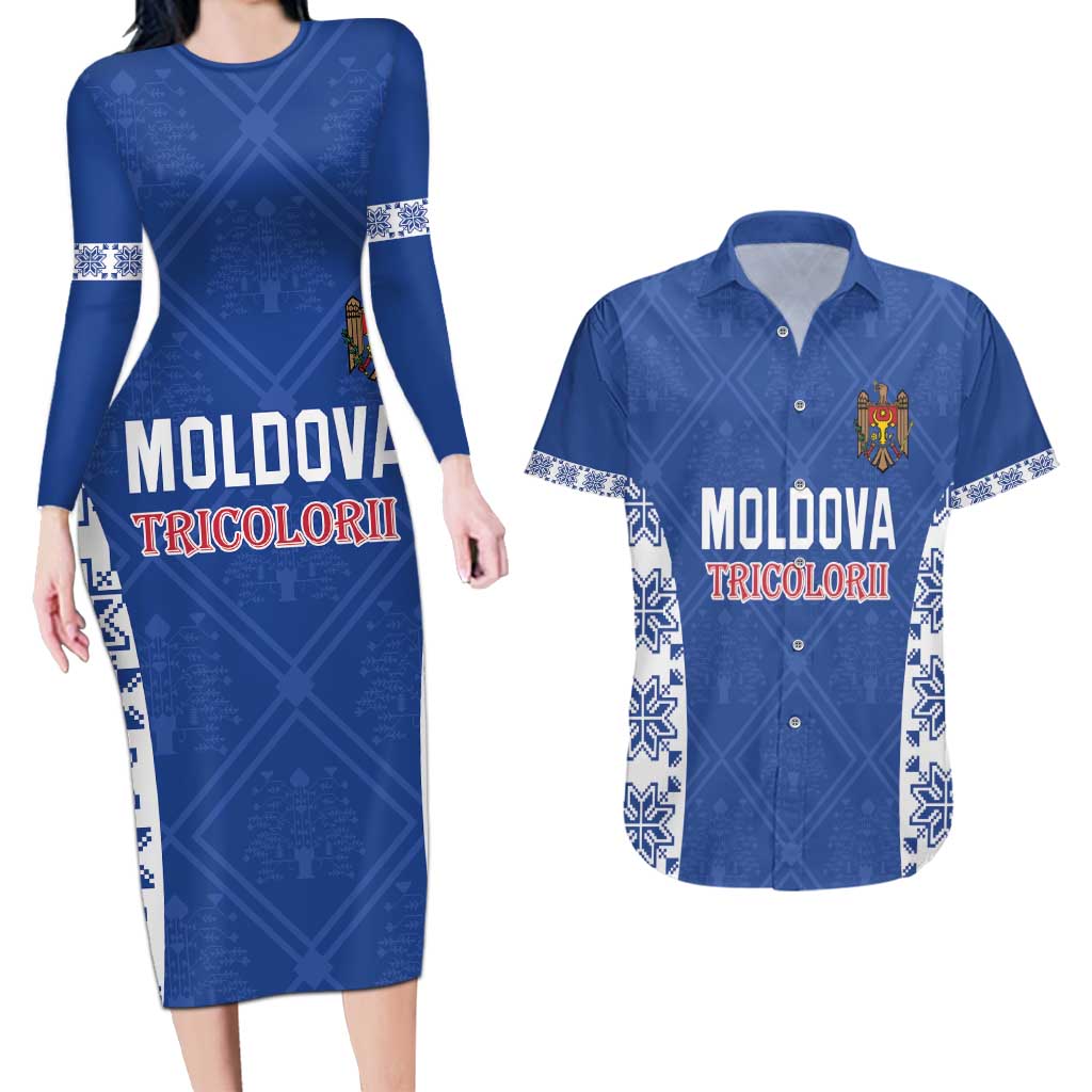 Custom Moldova Football Couples Matching Long Sleeve Bodycon Dress and Hawaiian Shirt Tricolorii Tree Of Life Blue Version - Wonder Print Shop