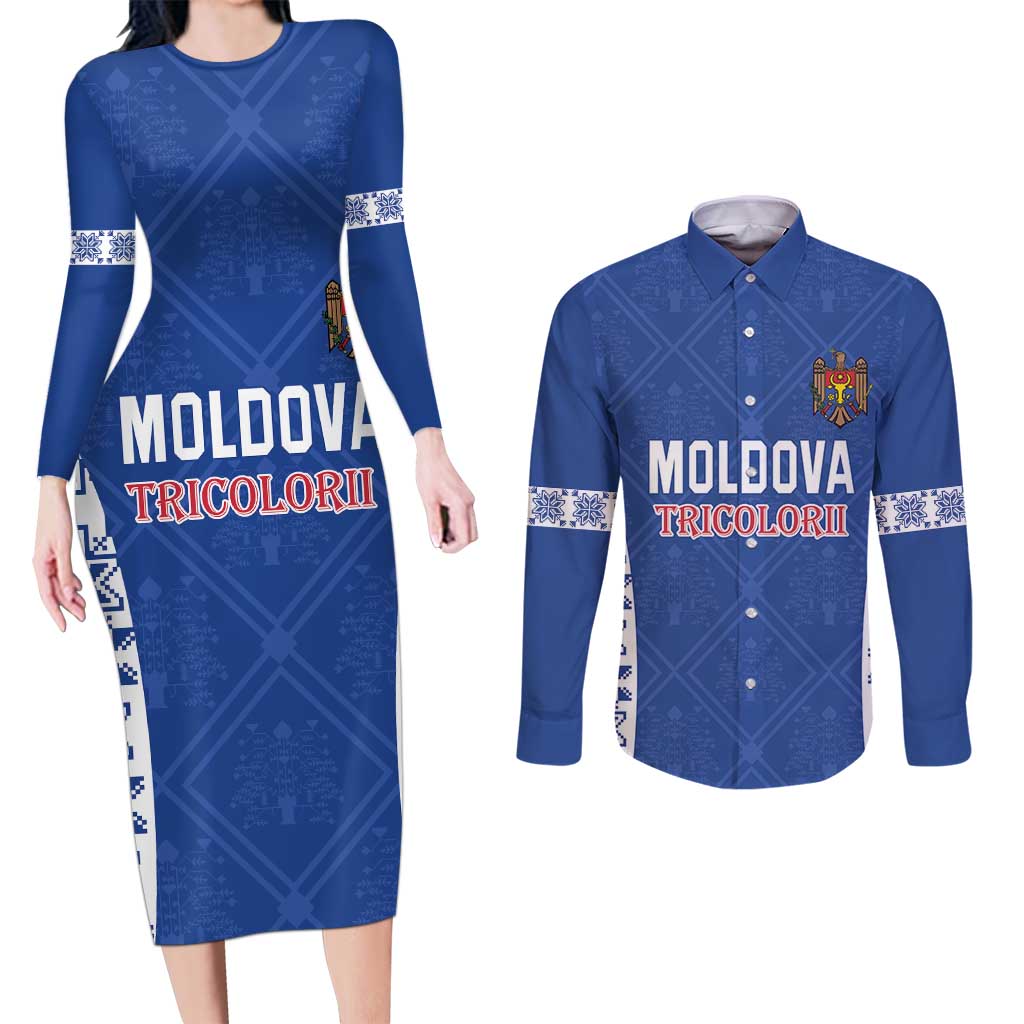 Custom Moldova Football Couples Matching Long Sleeve Bodycon Dress and Long Sleeve Button Shirt Tricolorii Tree Of Life Blue Version - Wonder Print Shop