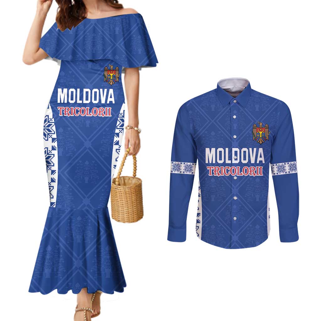 Custom Moldova Football Couples Matching Mermaid Dress and Long Sleeve Button Shirt Tricolorii Tree Of Life Blue Version