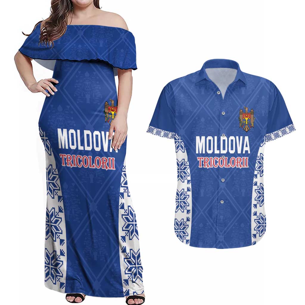 Custom Moldova Football Couples Matching Off Shoulder Maxi Dress and Hawaiian Shirt Tricolorii Tree Of Life Blue Version - Wonder Print Shop