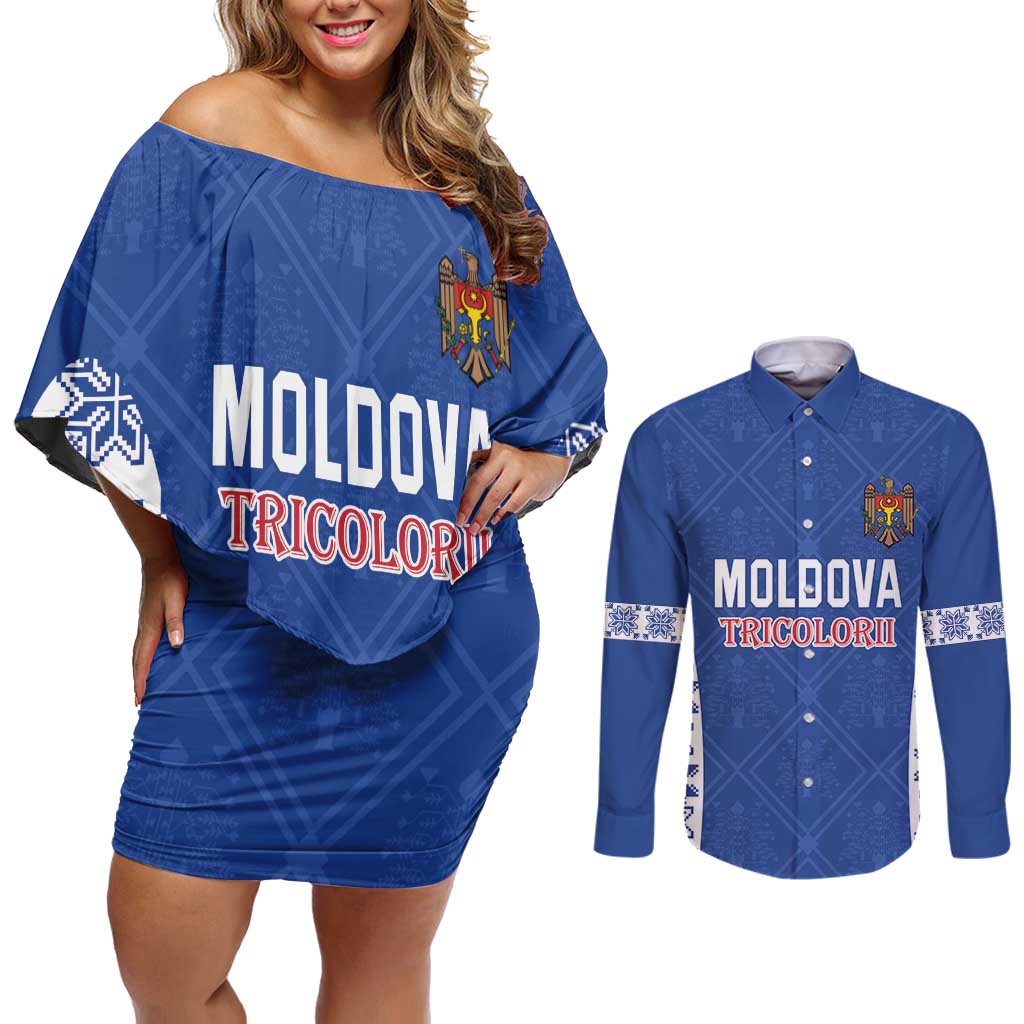 Custom Moldova Football Couples Matching Off Shoulder Short Dress and Long Sleeve Button Shirt Tricolorii Tree Of Life Blue Version - Wonder Print Shop