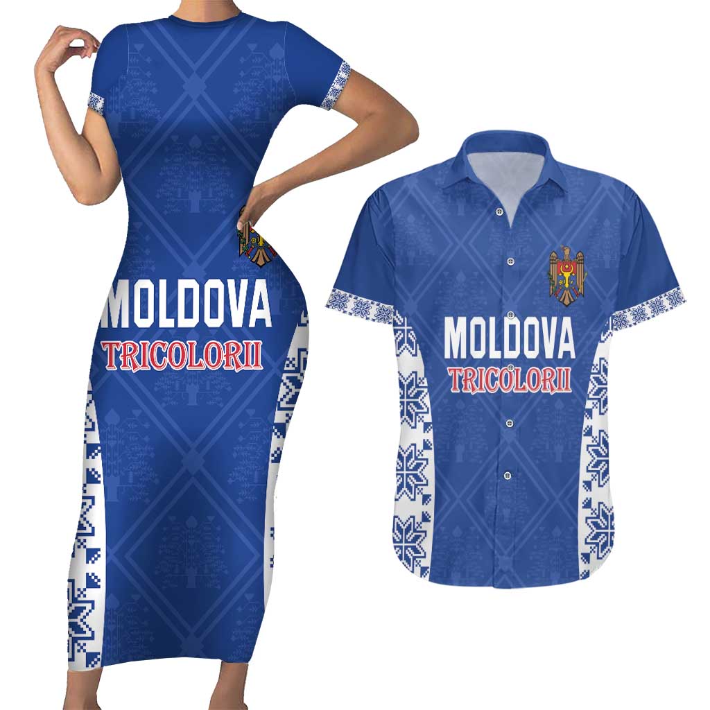 Custom Moldova Football Couples Matching Short Sleeve Bodycon Dress and Hawaiian Shirt Tricolorii Tree Of Life Blue Version - Wonder Print Shop