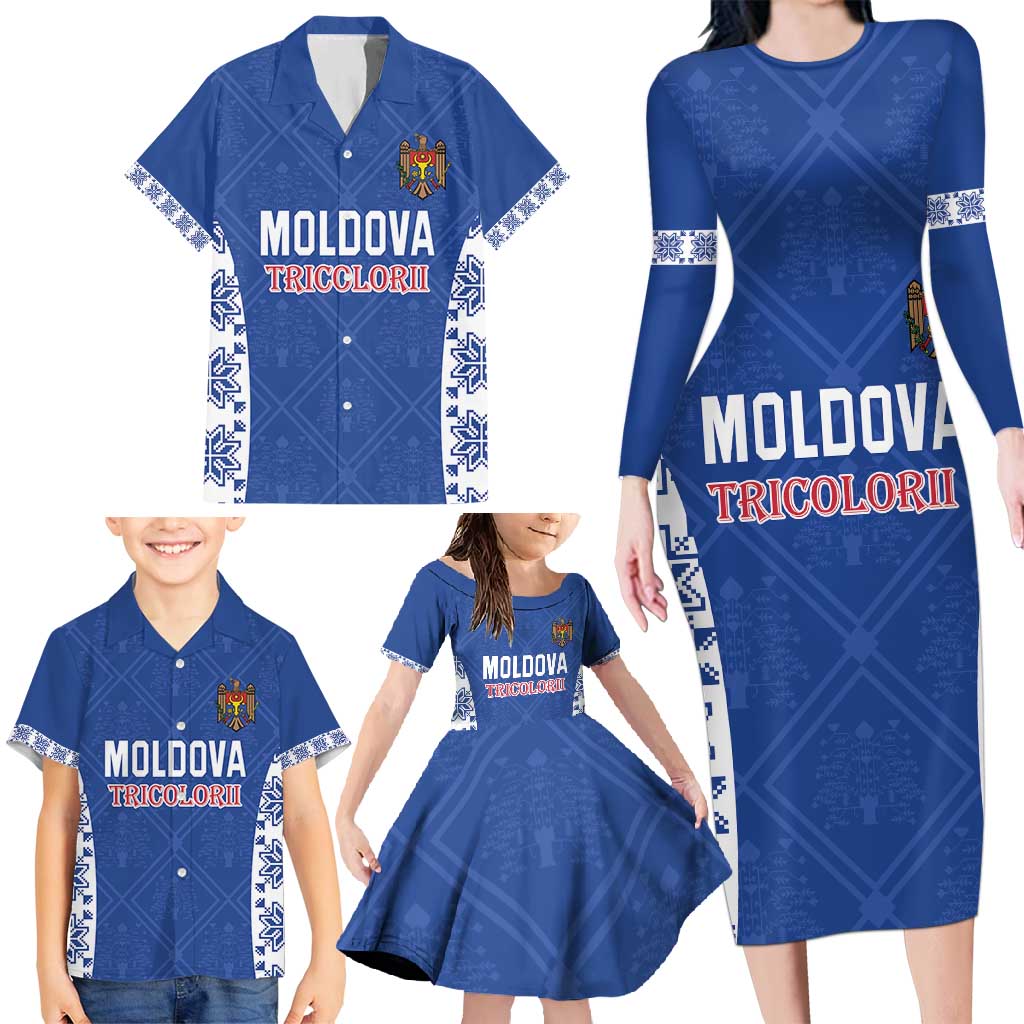 Custom Moldova Football Family Matching Long Sleeve Bodycon Dress and Hawaiian Shirt Tricolorii Tree Of Life Blue Version - Wonder Print Shop