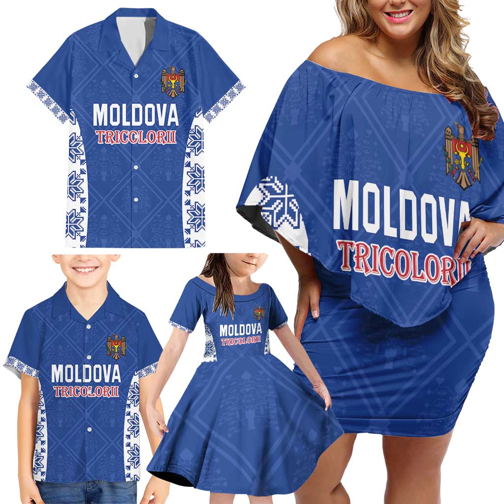 Custom Moldova Football Family Matching Off Shoulder Short Dress and Hawaiian Shirt Tricolorii Tree Of Life Blue Version - Wonder Print Shop