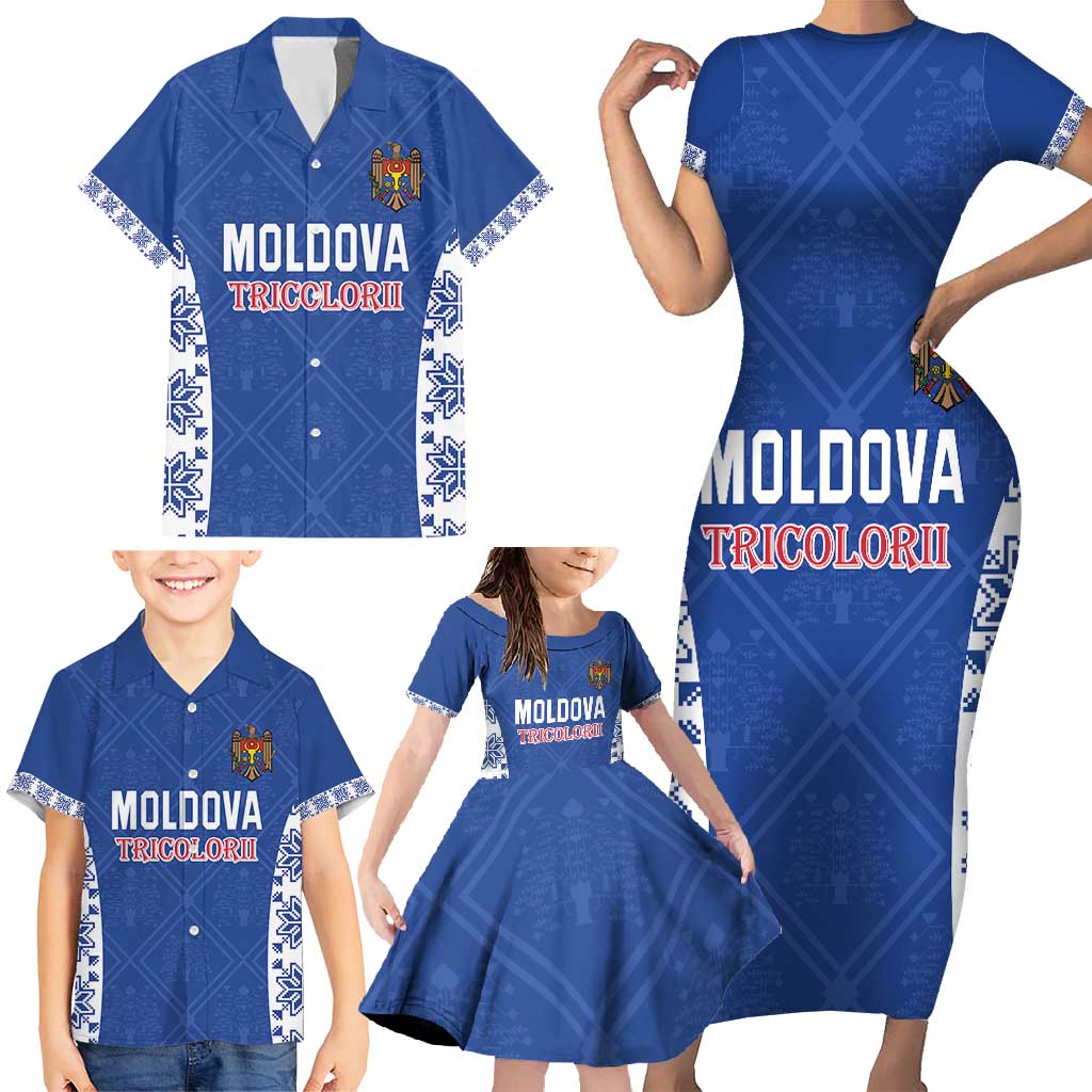 Custom Moldova Football Family Matching Short Sleeve Bodycon Dress and Hawaiian Shirt Tricolorii Tree Of Life Blue Version - Wonder Print Shop