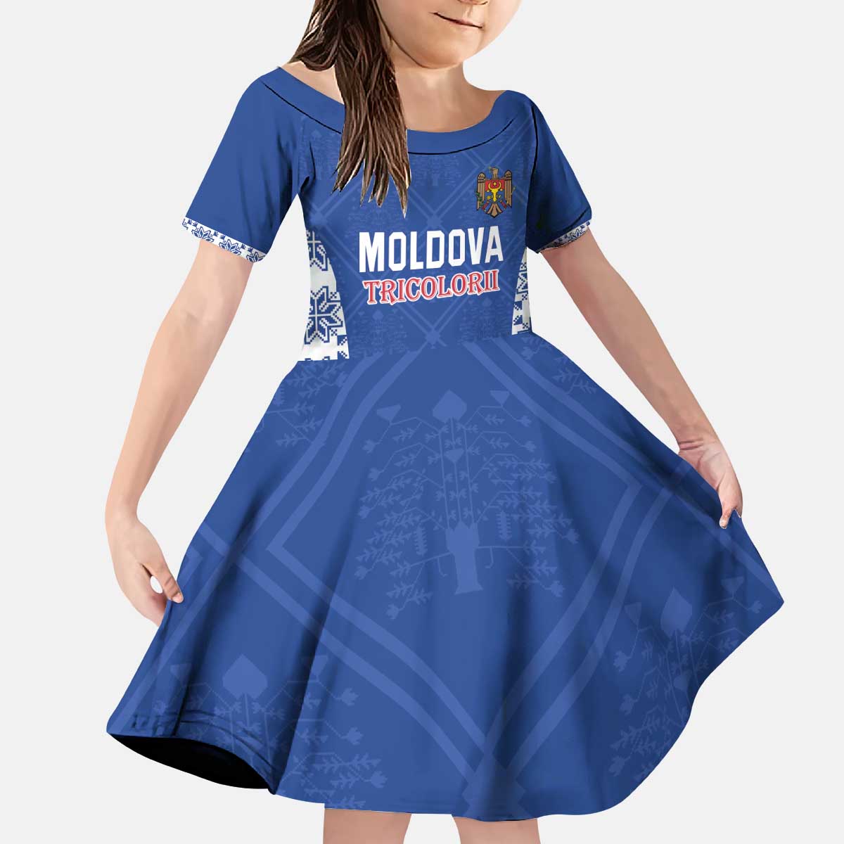 Custom Moldova Football Kid Short Sleeve Dress Tricolorii Tree Of Life Blue Version - Wonder Print Shop