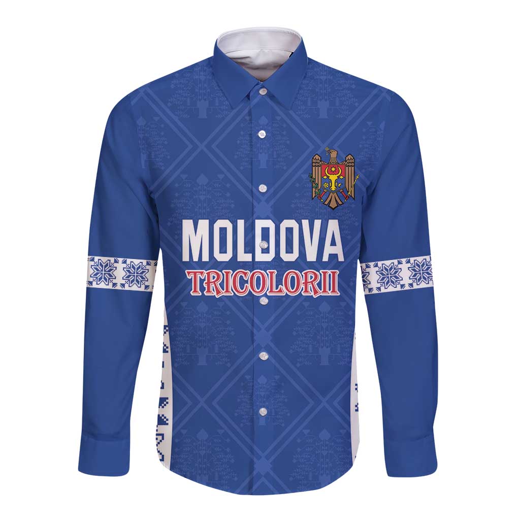 Custom Moldova Football Long Sleeve Button Shirt Tricolorii Tree Of Life Blue Version - Wonder Print Shop