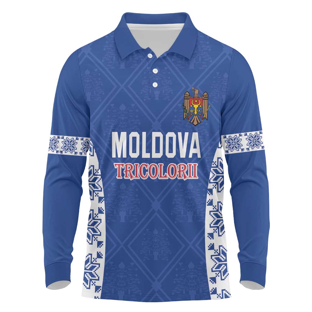 Custom Moldova Football Long Sleeve Polo Shirt Tricolorii Tree Of Life Blue Version - Wonder Print Shop