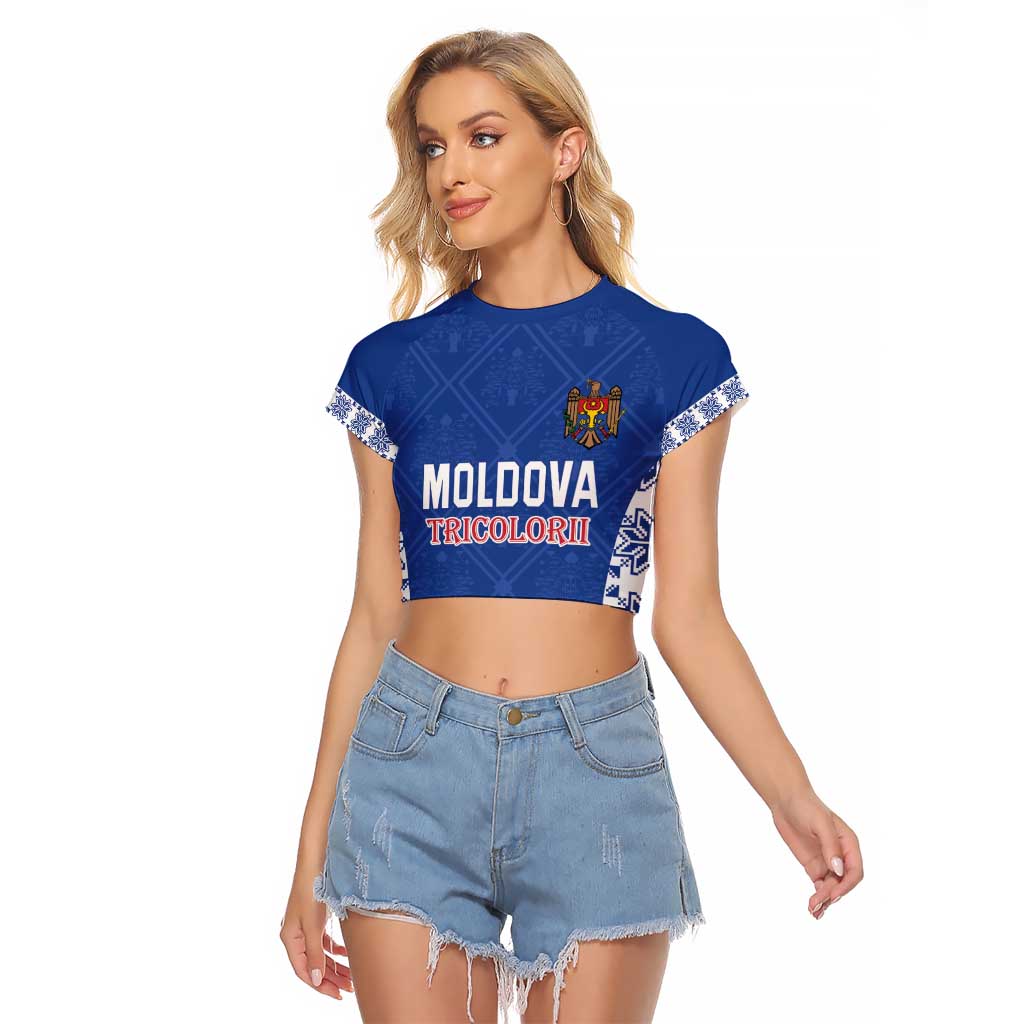 Custom Moldova Football Raglan Cropped T Shirt Tricolorii Tree Of Life Blue Version - Wonder Print Shop