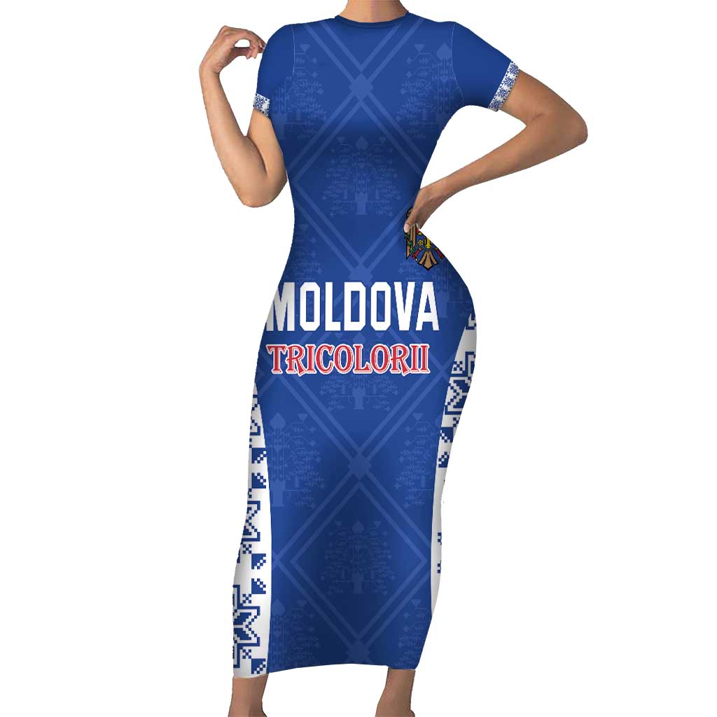 Custom Moldova Football Short Sleeve Bodycon Dress Tricolorii Tree Of Life Blue Version - Wonder Print Shop