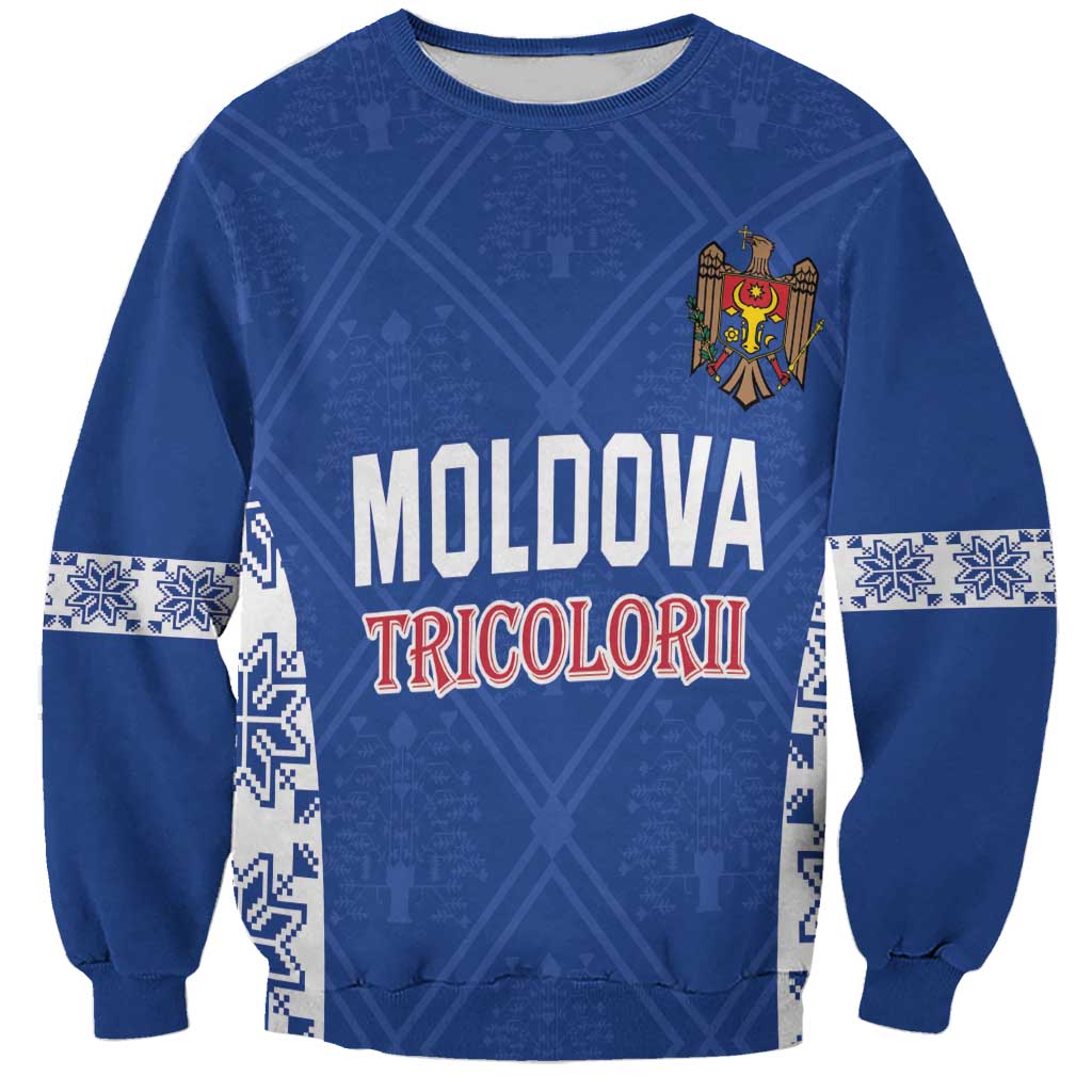 Blue crewneck football sweatshirt with Moldova Tricolorii front graphic and patterned cuffs
