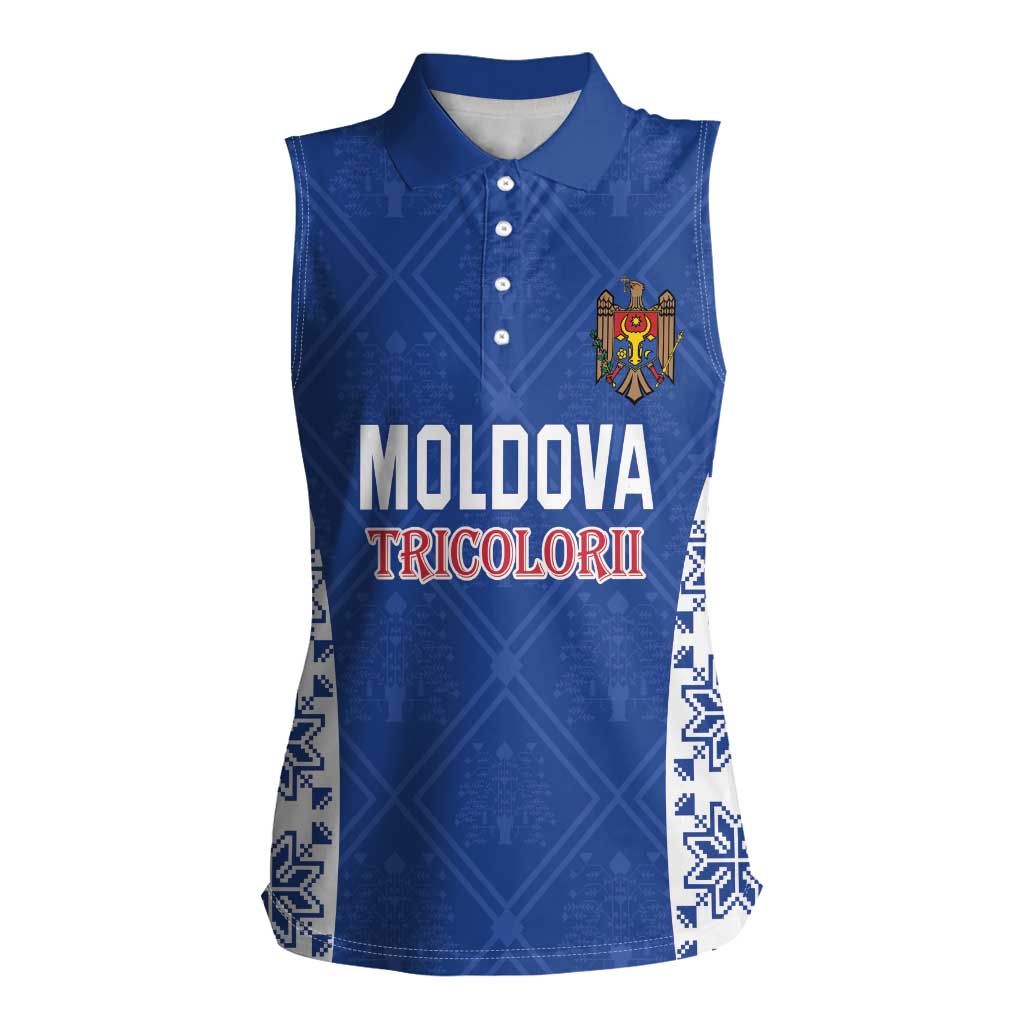 Custom Moldova Football Women Sleeveless Polo Shirt Tricolorii Tree Of Life Blue Version - Wonder Print Shop