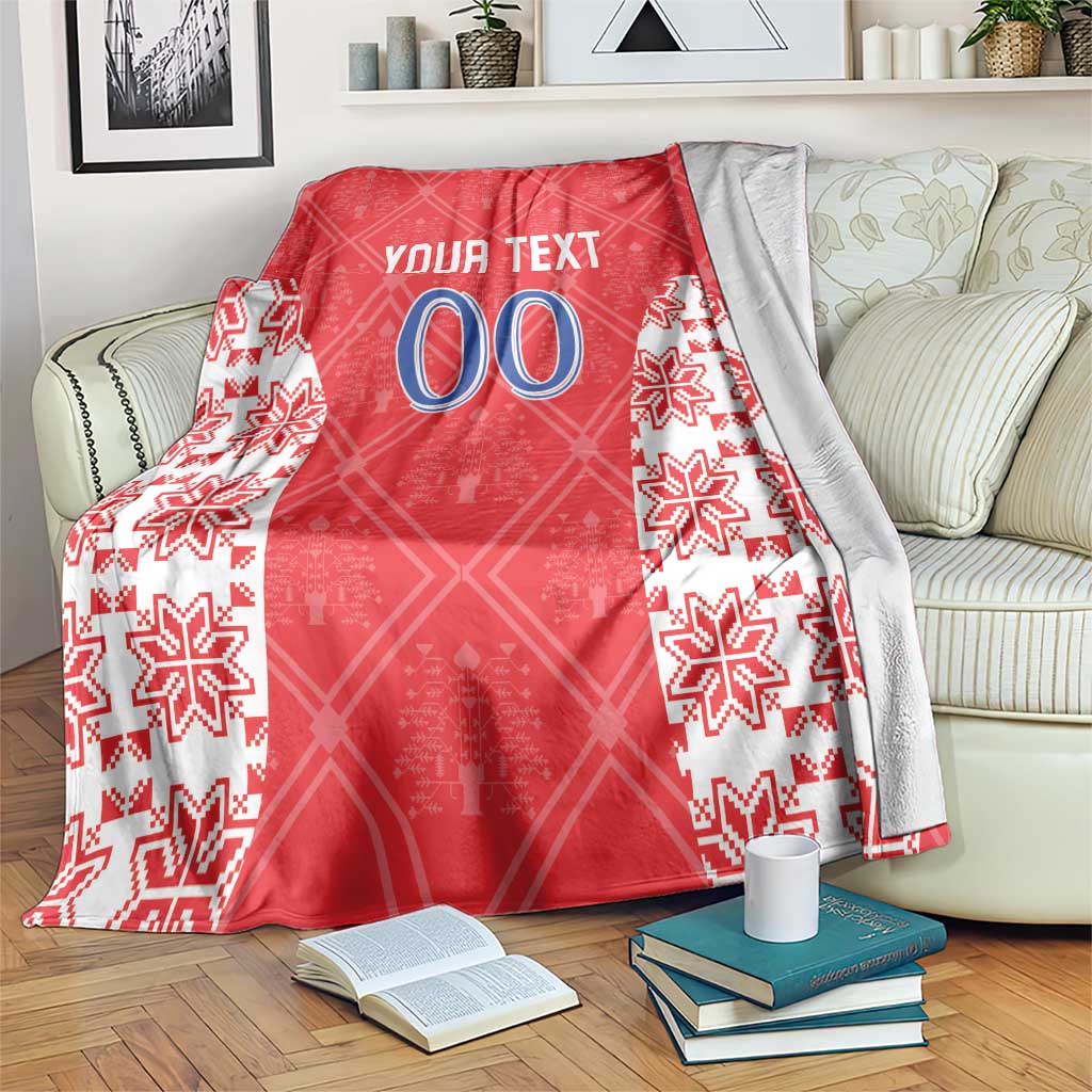 Custom red football blanket with white snowflake pattern, 'YOUR TEXT' and '00' center