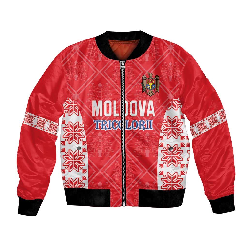 Red bomber jacket with black ribbed collar and cuffs, front zipper, Moldova Tricolorii crest