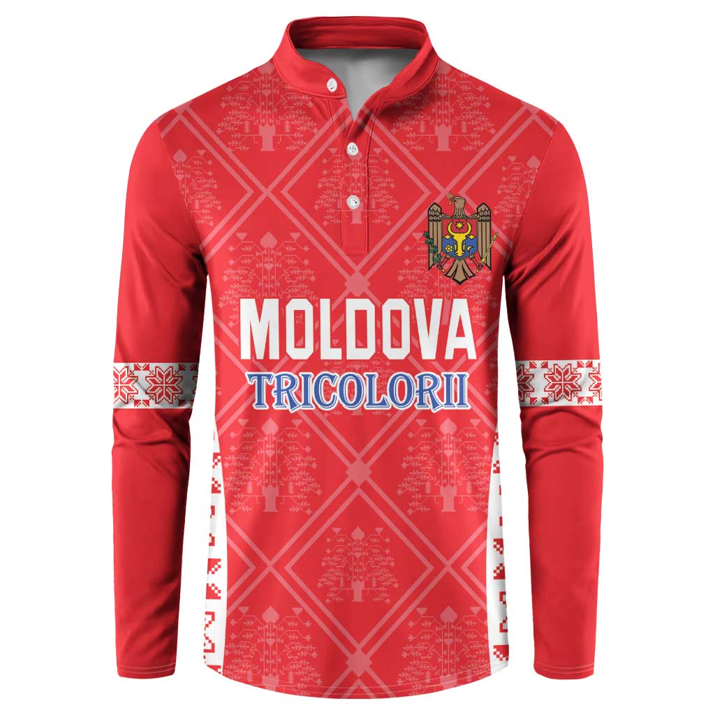 Red button-front football sweatshirt with Moldova Tricolorii front print