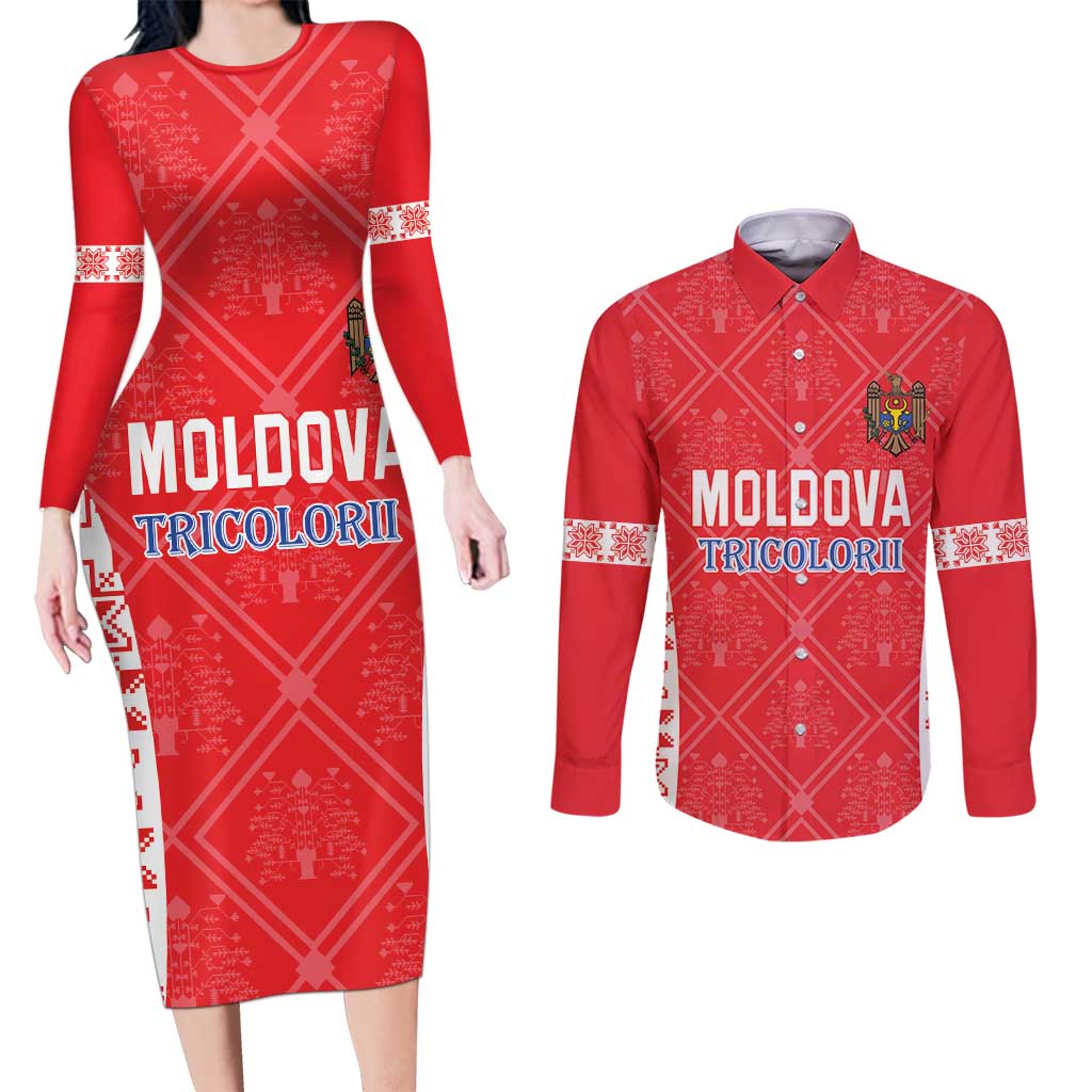 Custom Moldova Football Couples Matching Long Sleeve Bodycon Dress and Long Sleeve Button Shirt Tricolorii Tree Of Life Red Version - Wonder Print Shop