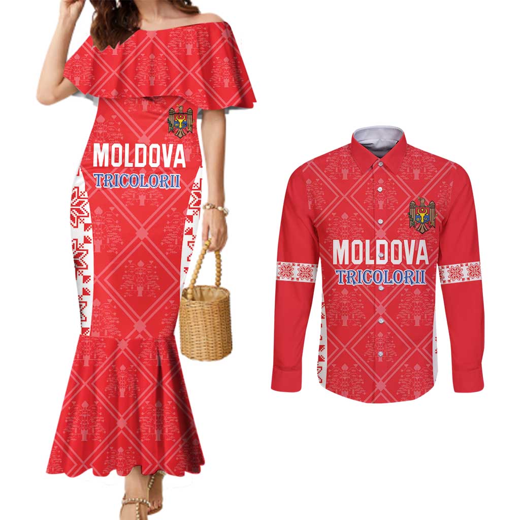 Custom Moldova Football Couples Matching Mermaid Dress and Long Sleeve Button Shirt Tricolorii Tree Of Life Red Version