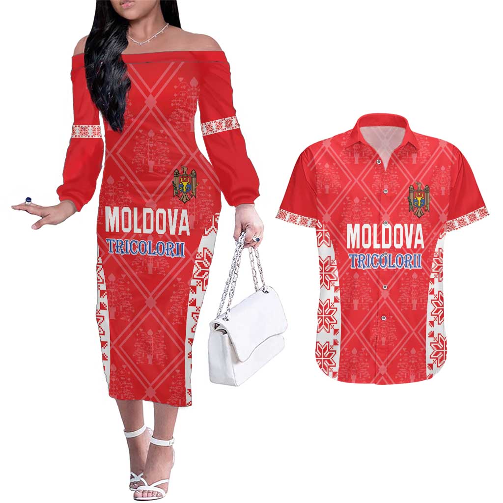 Custom Moldova Football Couples Matching Off The Shoulder Long Sleeve Dress and Hawaiian Shirt Tricolorii Tree Of Life Red Version - Wonder Print Shop