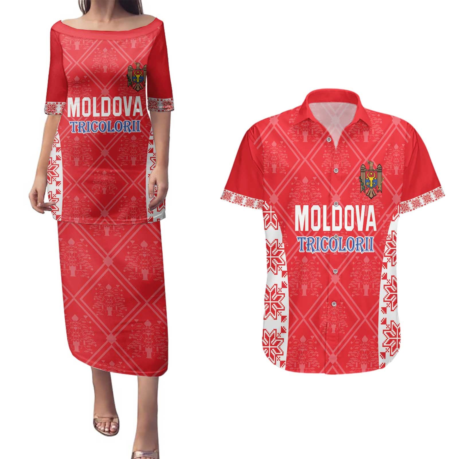 Custom Moldova Football Couples Matching Puletasi and Hawaiian Shirt Tricolorii Tree Of Life Red Version - Wonder Print Shop