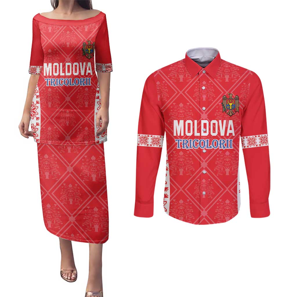 Custom Moldova Football Couples Matching Puletasi and Long Sleeve Button Shirt Tricolorii Tree Of Life Red Version - Wonder Print Shop