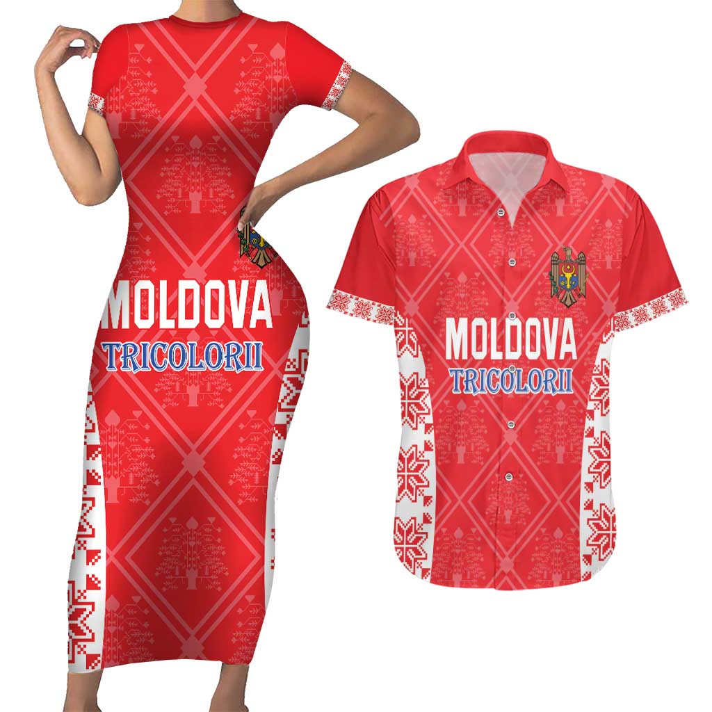 Custom Moldova Football Couples Matching Short Sleeve Bodycon Dress and Hawaiian Shirt Tricolorii Tree Of Life Red Version - Wonder Print Shop