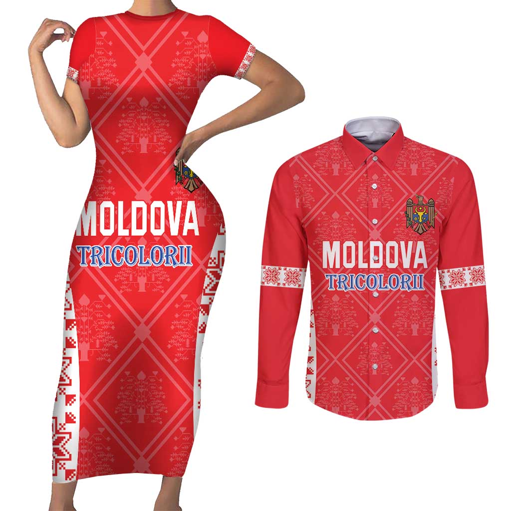 Custom Moldova Football Couples Matching Short Sleeve Bodycon Dress and Long Sleeve Button Shirt Tricolorii Tree Of Life Red Version - Wonder Print Shop