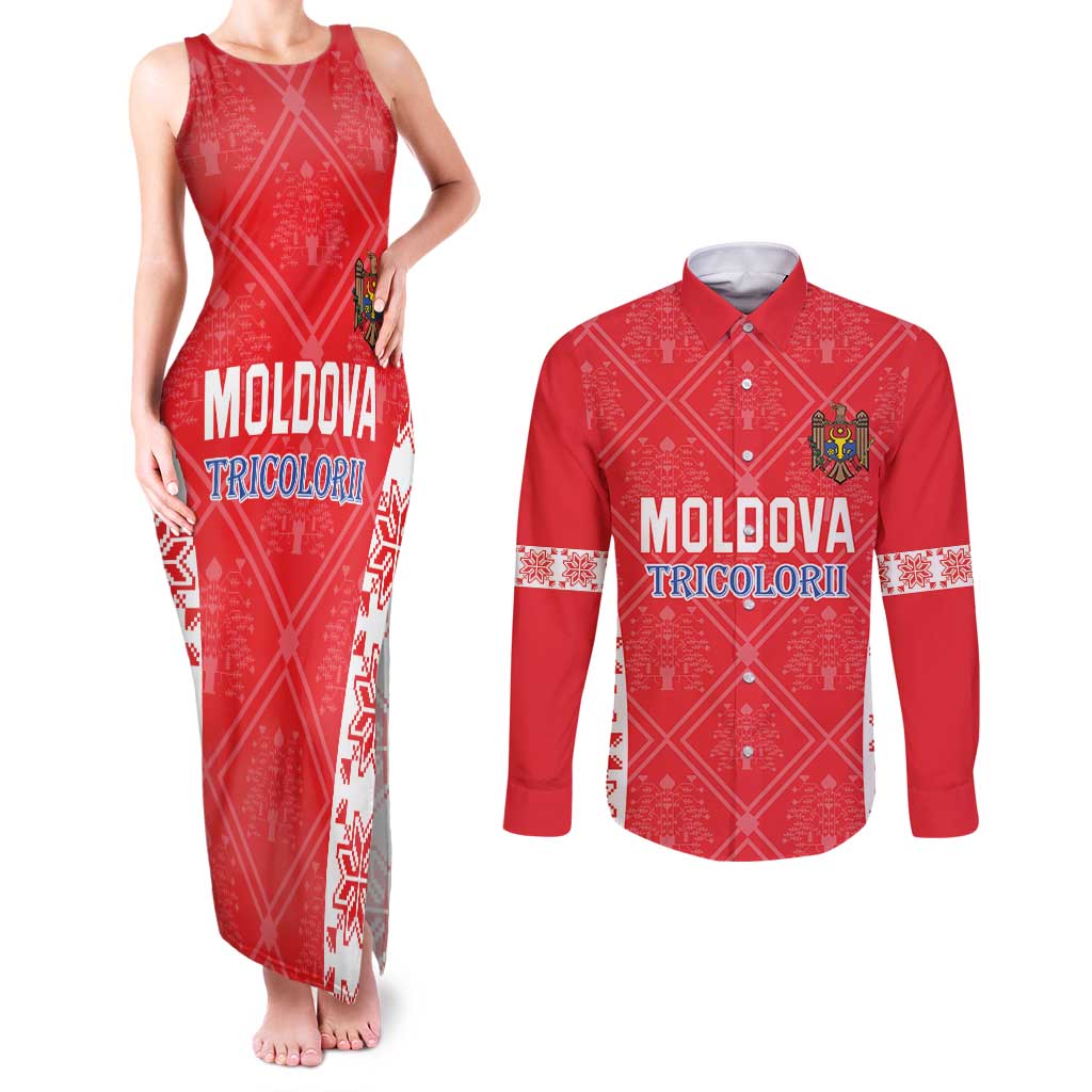 Custom Moldova Football Couples Matching Tank Maxi Dress and Long Sleeve Button Shirt Tricolorii Tree Of Life Red Version - Wonder Print Shop