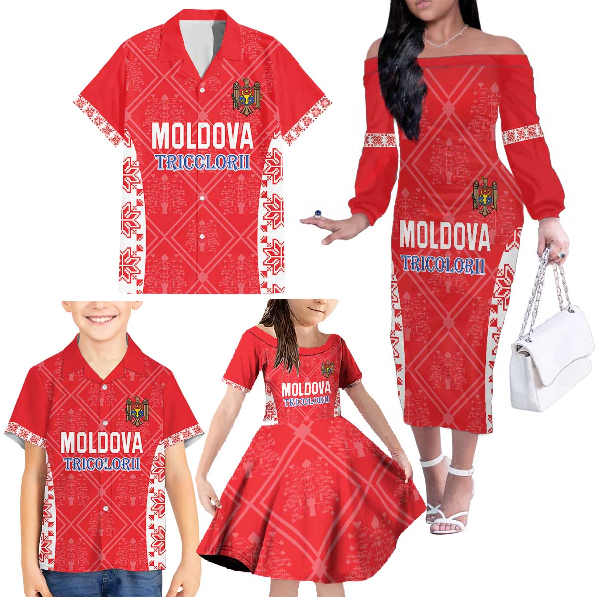 Custom Moldova Football Family Matching Off The Shoulder Long Sleeve Dress and Hawaiian Shirt Tricolorii Tree Of Life Red Version - Wonder Print Shop