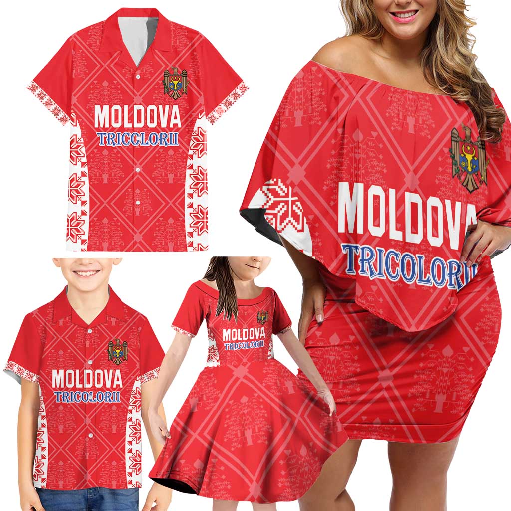 Custom Moldova Football Family Matching Off Shoulder Short Dress and Hawaiian Shirt Tricolorii Tree Of Life Red Version - Wonder Print Shop