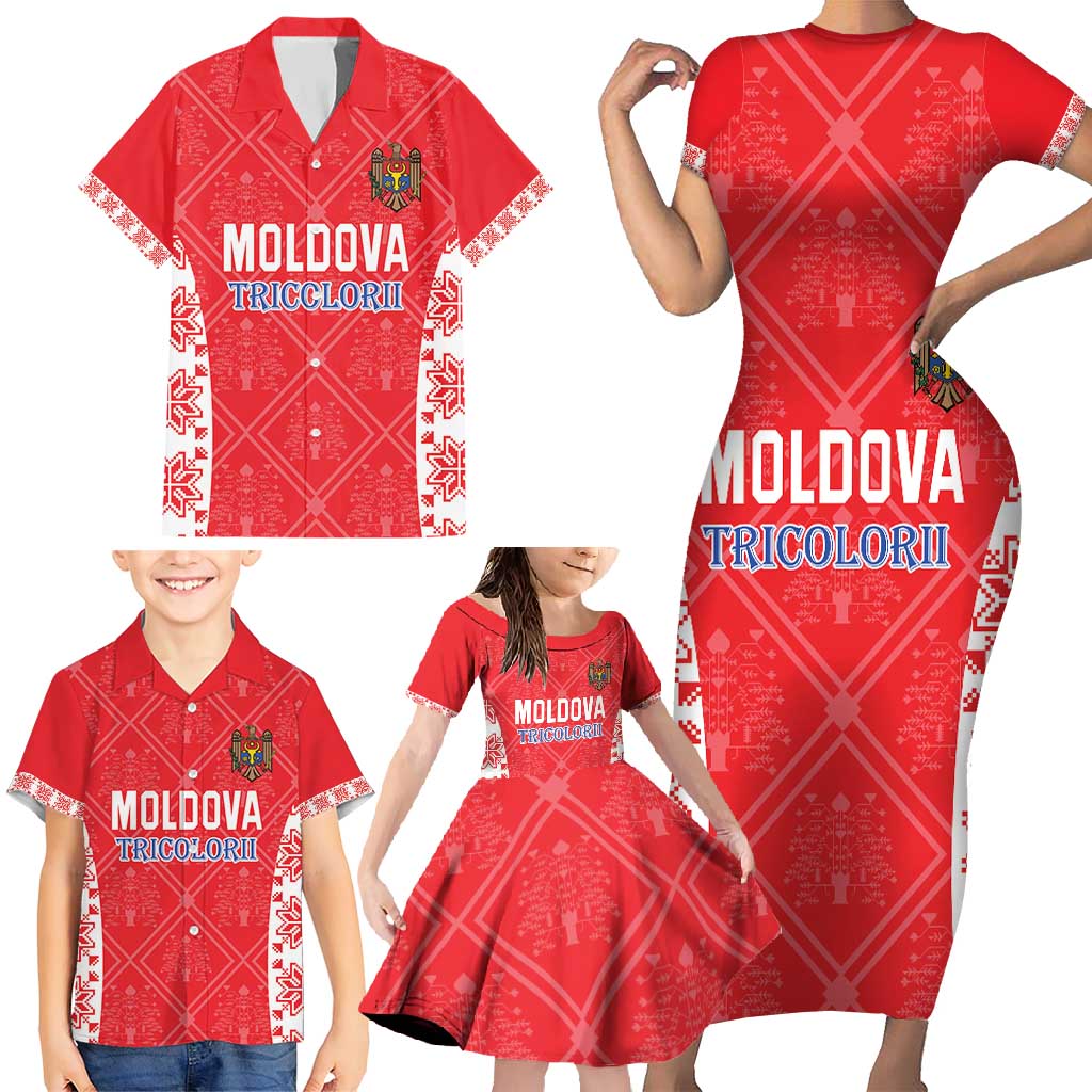 Custom Moldova Football Family Matching Short Sleeve Bodycon Dress and Hawaiian Shirt Tricolorii Tree Of Life Red Version - Wonder Print Shop