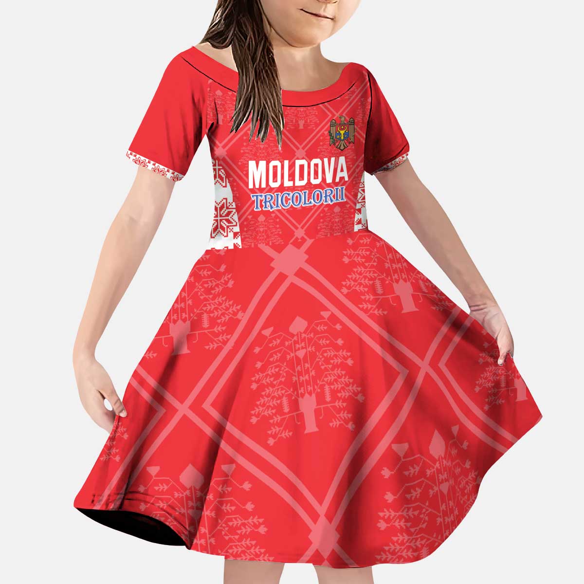 Custom Moldova Football Kid Short Sleeve Dress Tricolorii Tree Of Life Red Version - Wonder Print Shop