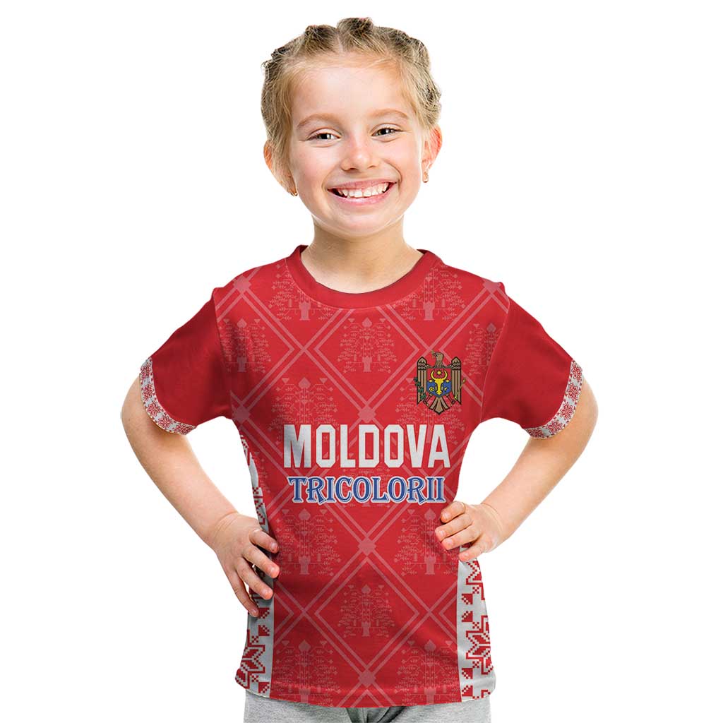 Custom Moldova Football Kid T Shirt Tricolorii Tree Of Life Red Version - Wonder Print Shop