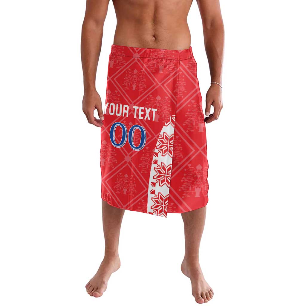 Red custom football shorts with white panel print, 'Your Text' and '00', side motif