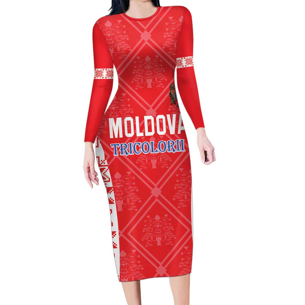 Custom Moldova Football Long Sleeve Bodycon Dress Tricolorii Tree Of Life Red Version - Wonder Print Shop