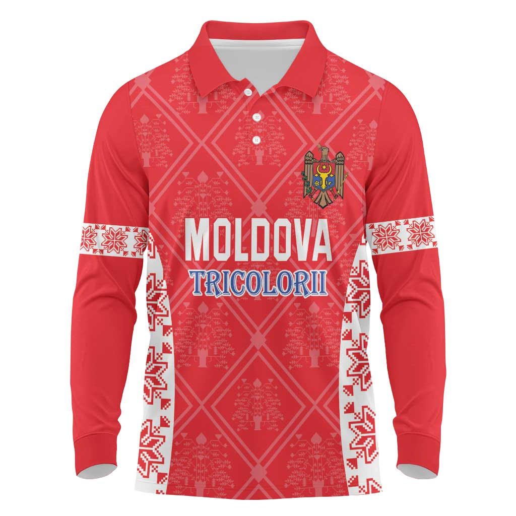 Custom Moldova Football Long Sleeve Polo Shirt Tricolorii Tree Of Life Red Version - Wonder Print Shop