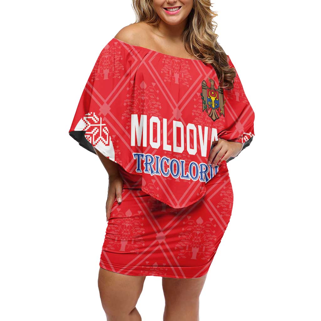 Custom Moldova Football Off Shoulder Short Dress Tricolorii Tree Of Life Red Version - Wonder Print Shop