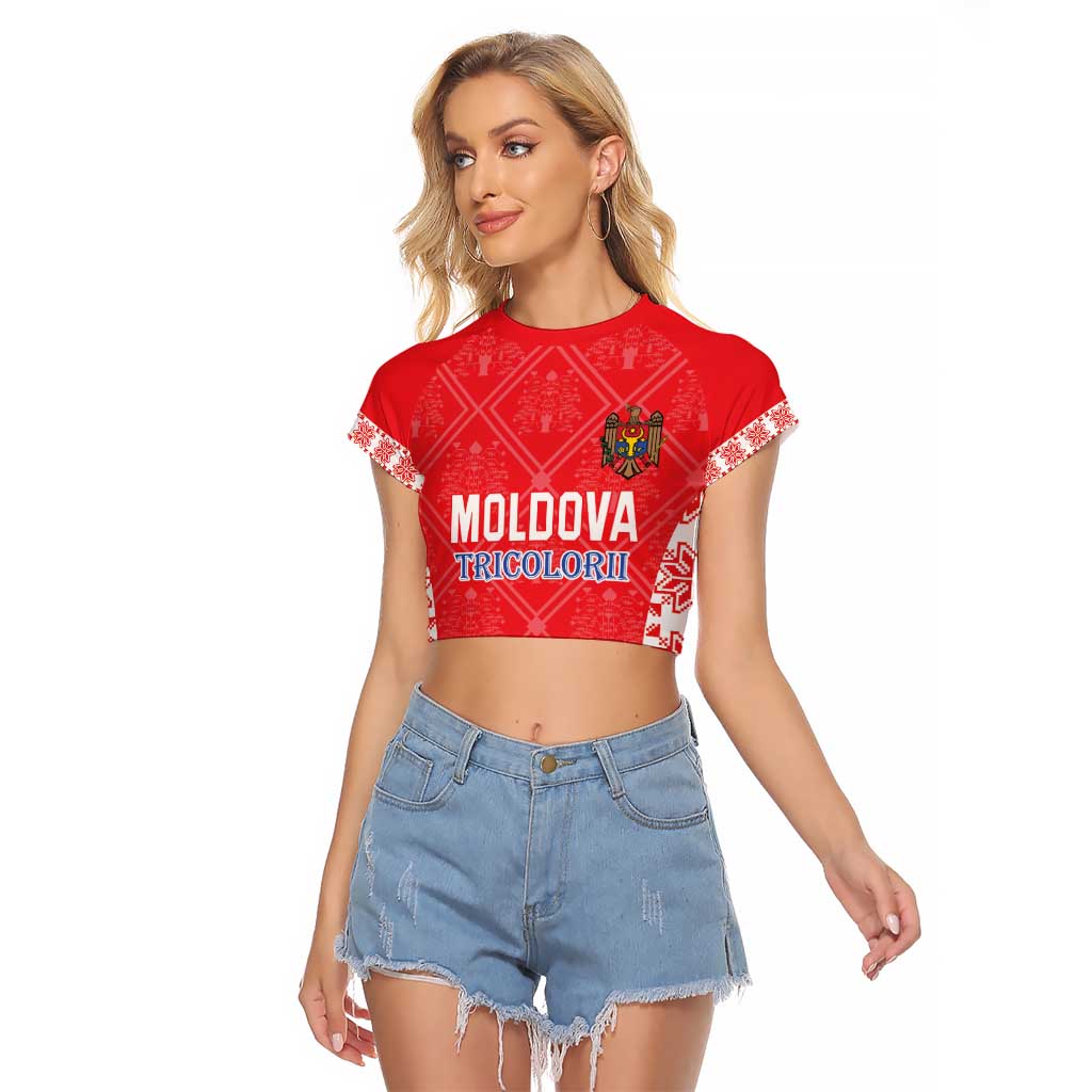 Custom Moldova Football Raglan Cropped T Shirt Tricolorii Tree Of Life Red Version - Wonder Print Shop