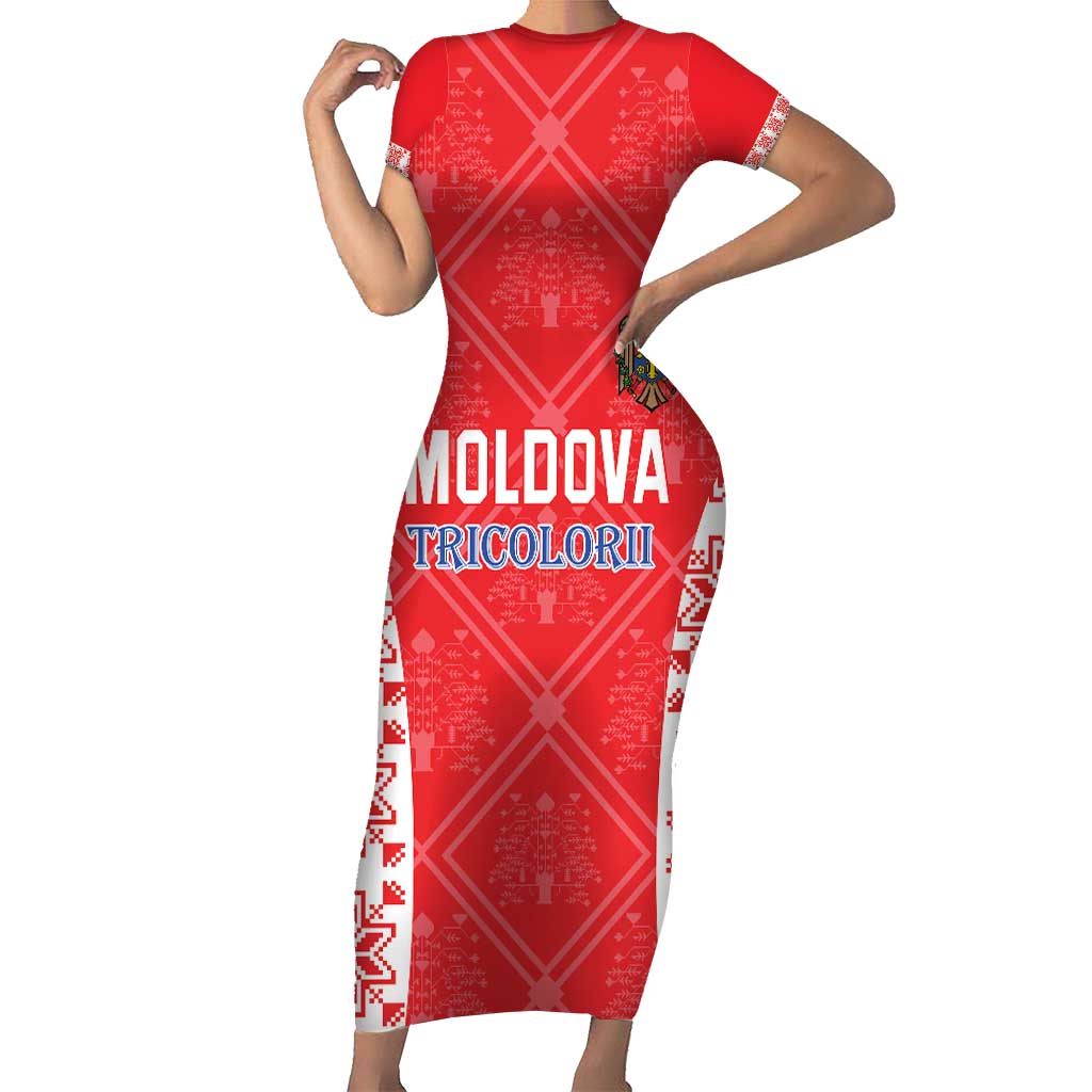 Custom Moldova Football Short Sleeve Bodycon Dress Tricolorii Tree Of Life Red Version - Wonder Print Shop