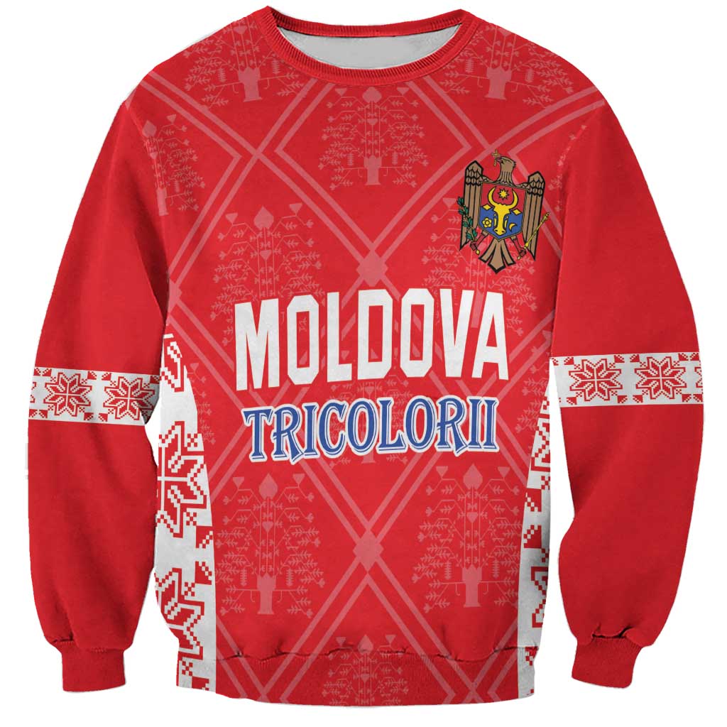 Red football sweatshirt with Moldova Tricolori front print, white folk trim on sleeves