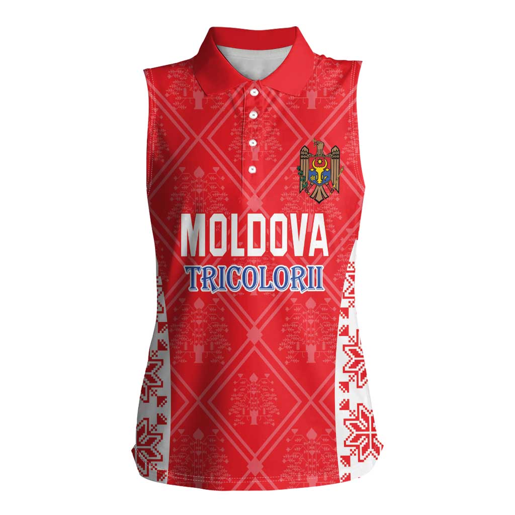 Custom Moldova Football Women Sleeveless Polo Shirt Tricolorii Tree Of Life Red Version - Wonder Print Shop