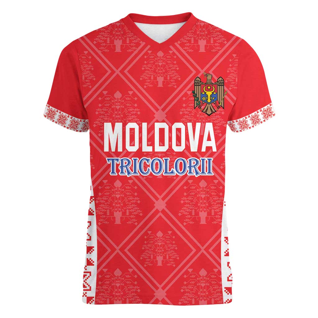 Custom Moldova Football Women V-Neck T-Shirt Tricolorii Tree Of Life Red Version - Wonder Print Shop