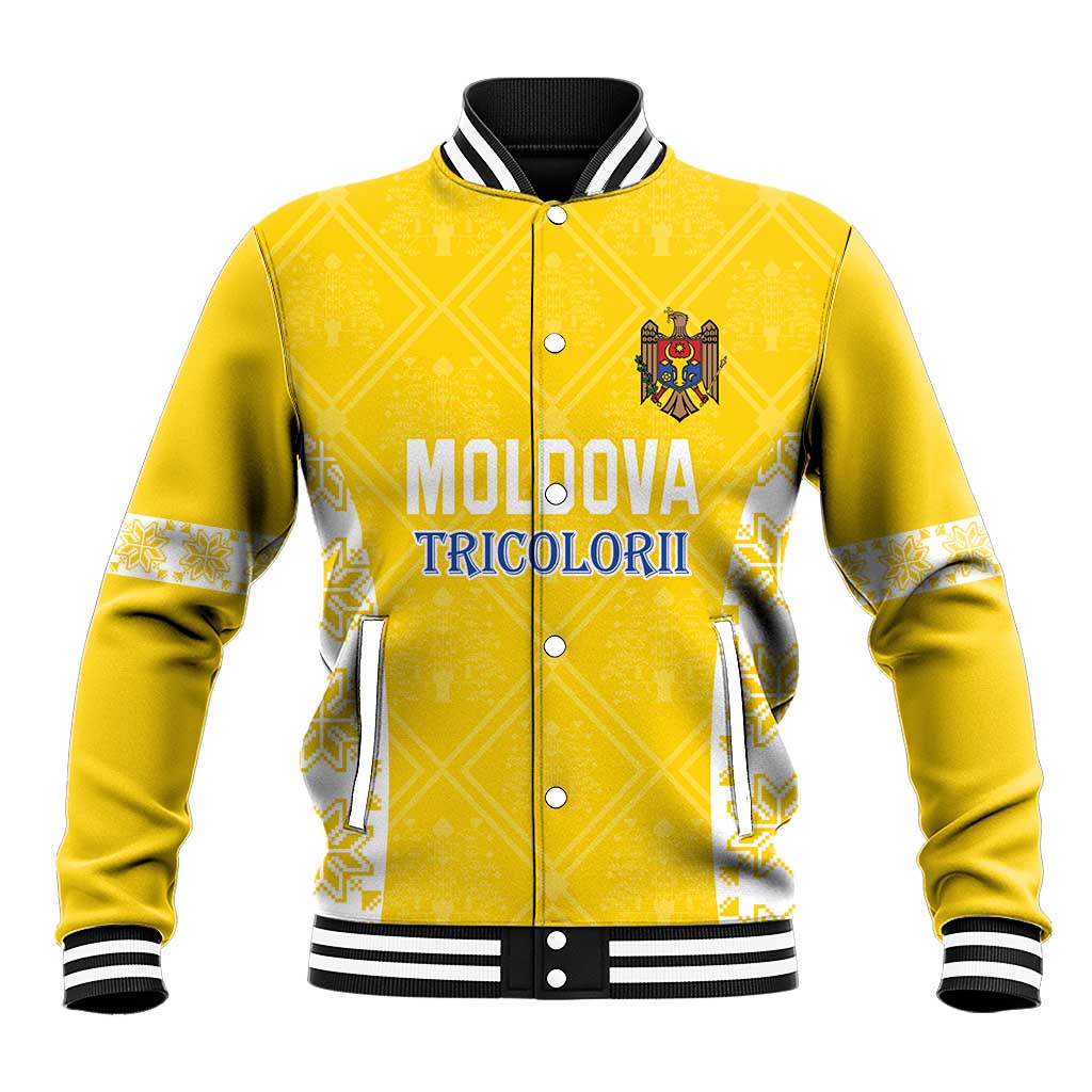 Yellow varsity baseball jacket with snap front, striped ribbed collar, front crest logo