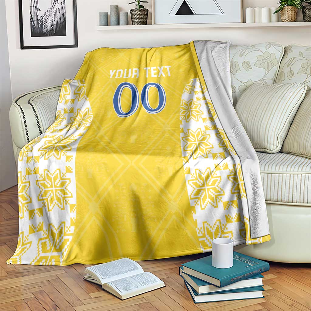 Yellow custom football blanket with white patterned border, 'YOUR TEXT 00' design