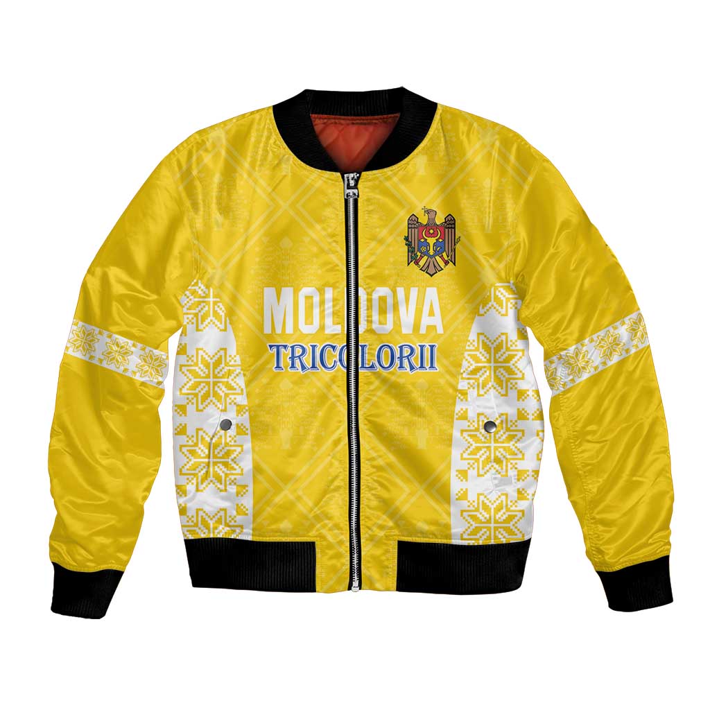 Yellow unisex football bomber jacket with front zip, black rib trim, Moldova emblem and text