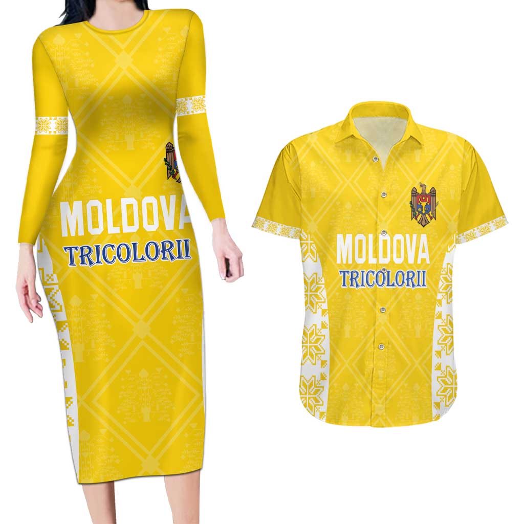 Custom Moldova Football Couples Matching Long Sleeve Bodycon Dress and Hawaiian Shirt Tricolorii Tree Of Life Yellow Version - Wonder Print Shop