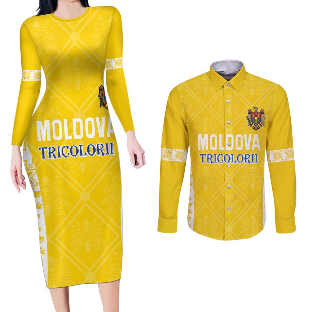 Custom Moldova Football Couples Matching Long Sleeve Bodycon Dress and Long Sleeve Button Shirt Tricolorii Tree Of Life Yellow Version - Wonder Print Shop