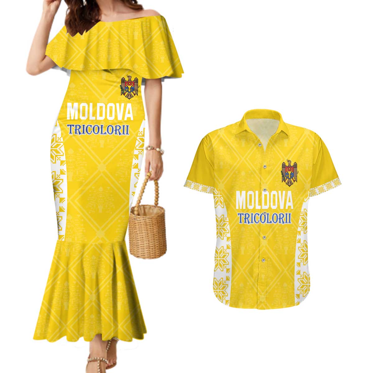 Custom Moldova Football Couples Matching Mermaid Dress and Hawaiian Shirt Tricolorii Tree Of Life Yellow Version - Wonder Print Shop