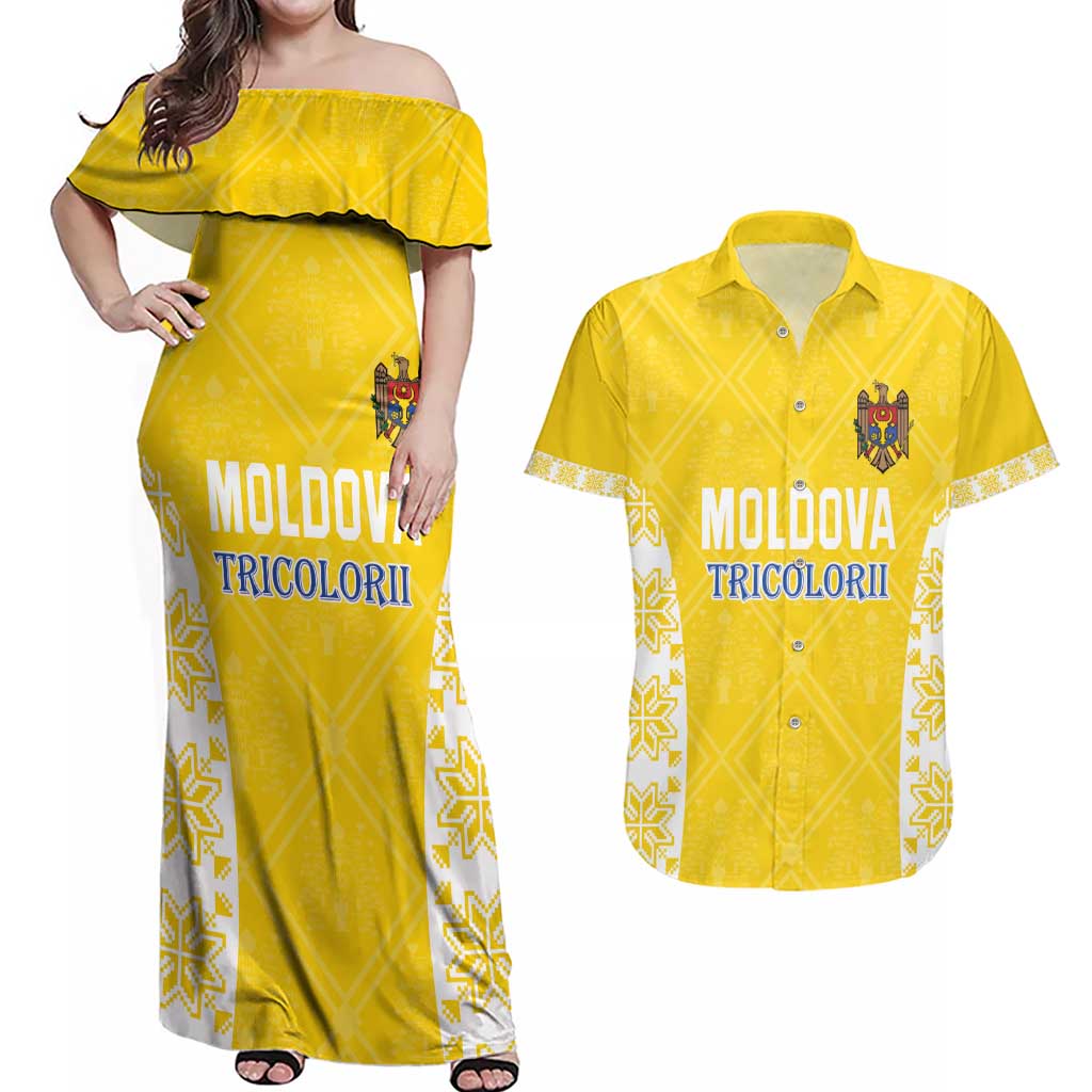 Custom Moldova Football Couples Matching Off Shoulder Maxi Dress and Hawaiian Shirt Tricolorii Tree Of Life Yellow Version - Wonder Print Shop