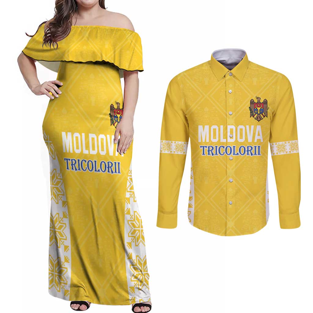 Custom Moldova Football Couples Matching Off Shoulder Maxi Dress and Long Sleeve Button Shirt Tricolorii Tree Of Life Yellow Version - Wonder Print Shop